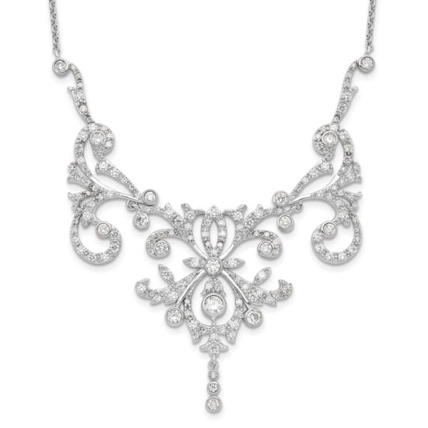 Sterling Silver Cheryl M Rhod-pltd CZ Fancy Scroll w/ 2in ext Necklace
