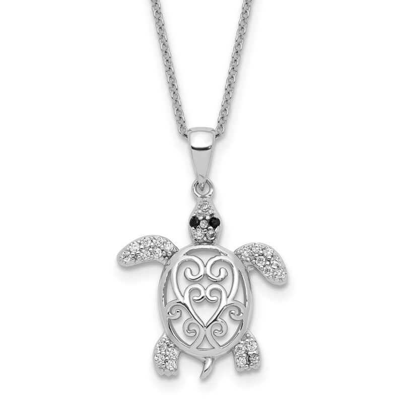 Sterling Silver Cheryl M Rhod-pltd Black Glass & CZ Turtle Necklace