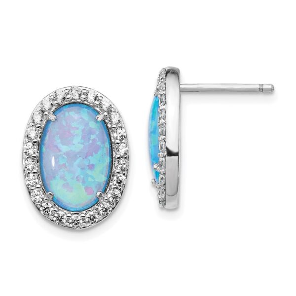 Sterling Silver Cheryl M Rh-pltd CZ & Cr. Blue Opal Oval Post Earrings