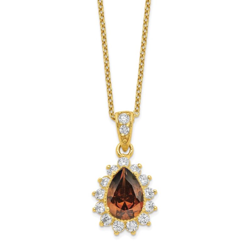 Sterling Silver Cheryl M Gold-pltd Teardrop Brown & Clear CZ Necklace
