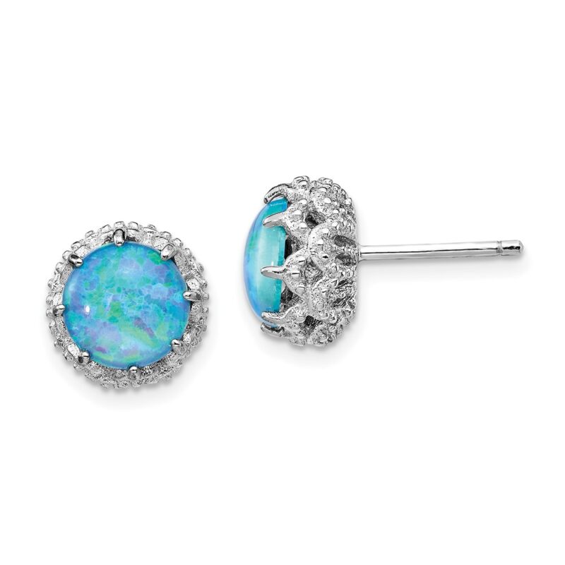 Sterling Silver Cheryl M Rhod-plated Cr. Blue Opal & CZ Stud Earrings