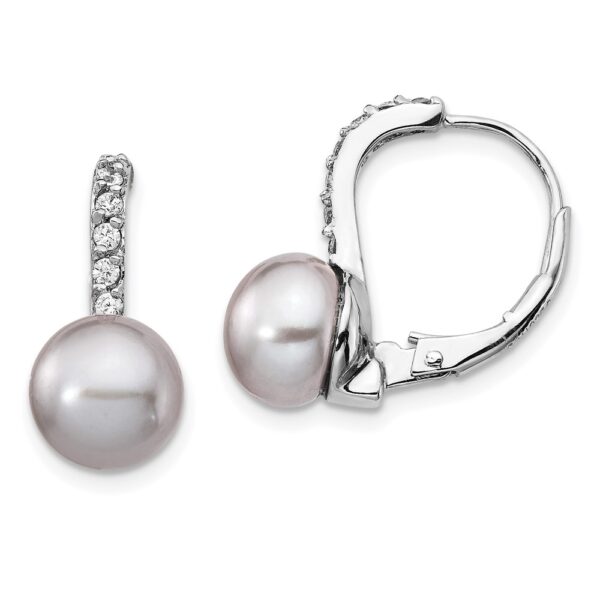 Sterling Silver Cheryl M Rh-pltd CZ FWC Grey Pearl Leverback Earrings