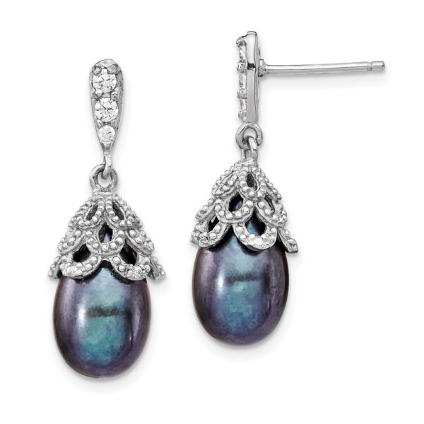SS Cheryl M Rhod-pltd CZ & FWC Black Teardrop Pearl Dangle Earrings