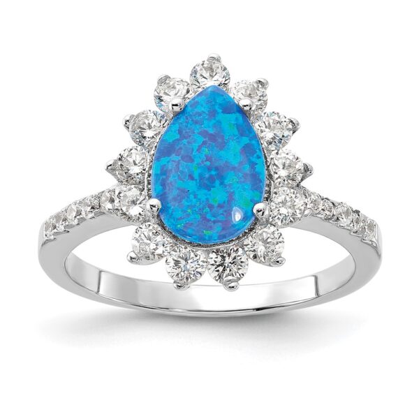 Sterling Silver Cheryl M Rhod-plated Cr. Blue Opal & CZ Teardrop Ring