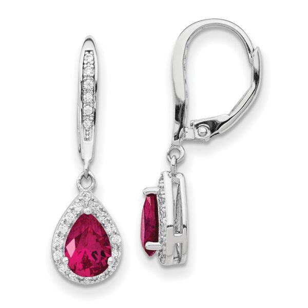 Sterling Silver Cheryl M Rh-pl Cr.Ruby & CZ Teardrop Dangle Earrings
