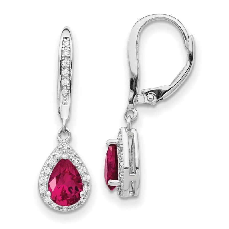 Sterling Silver Cheryl M Rh-pl Cr.Ruby & CZ Teardrop Dangle Earrings