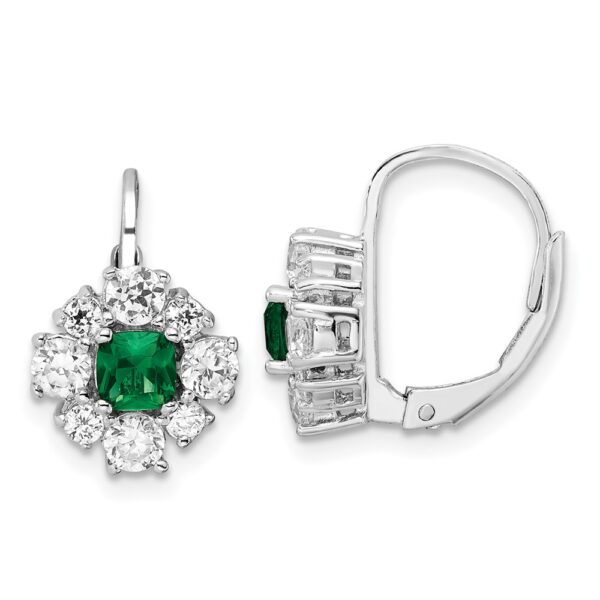 Sterling Silver Cheryl M Rhod-pl Green & White CZ Leverback Earrings