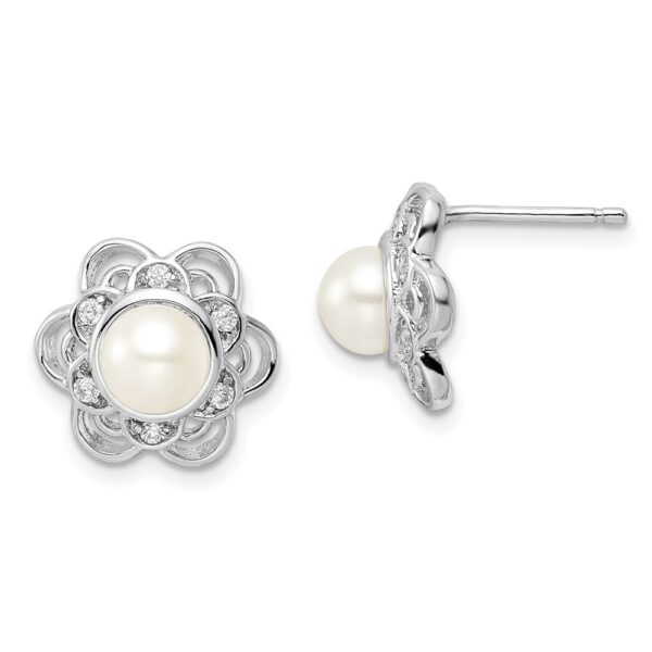 Sterling Silver Cheryl M Rhod-pltd FWC Pearl & CZ Floral Post Earrings