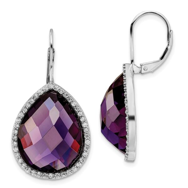 SS Cheryl M Rhod-pl Large Purple & White Pear CZ Leverback Earrings