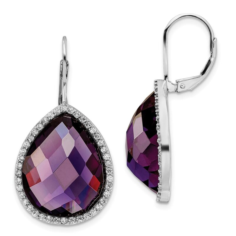 SS Cheryl M Rhod-pl Large Purple & White Pear CZ Leverback Earrings