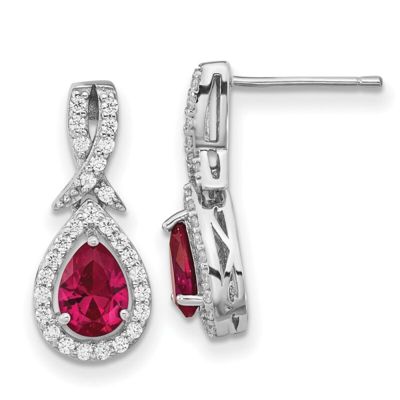 SS Cheryl M Rhod-plated Cr. Ruby & CZ Teardrop Post Dangle Earrings