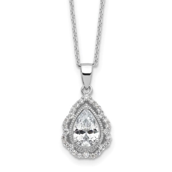 Sterling Silver Cheryl M Rhod-plated CZ Teardrop w/2in ext. Necklace