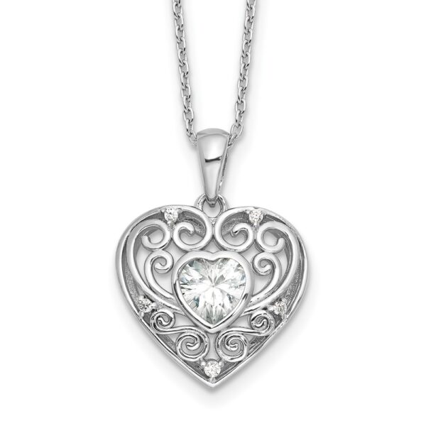 Sterling Silver Cheryl M Rhodium-plated CZ Heart w/2in ext. Necklace