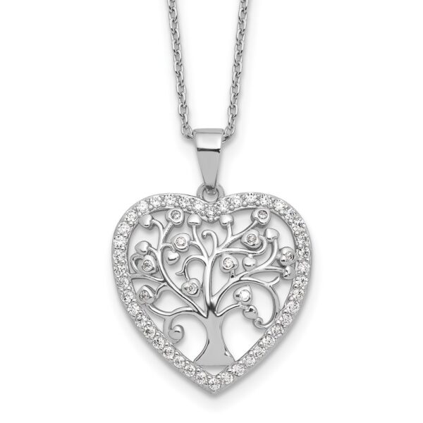 SS Cheryl M Rhodium-plated CZ Tree of Life Heart w/2in ext Necklace