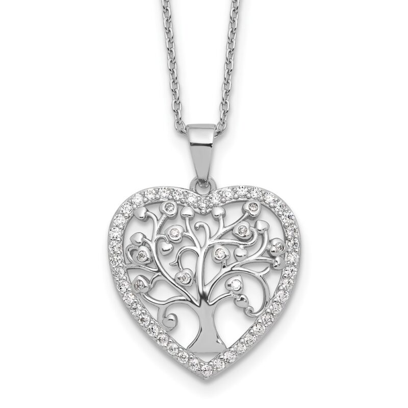 SS Cheryl M Rhodium-plated CZ Tree of Life Heart w/2in ext Necklace