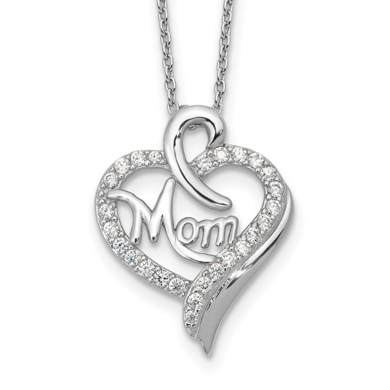 Sterling Silver Cheryl M Rhod-pltd CZ Mom Heart w/2in ext Necklace