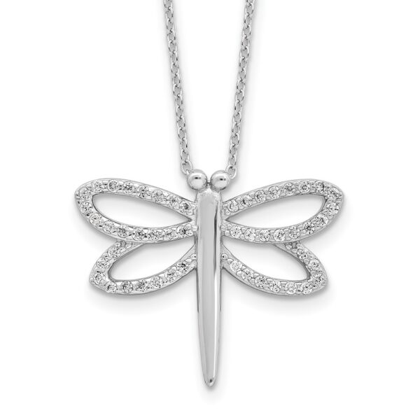 Sterling Silver Cheryl M Rhod-plated CZ Dragonfly w/2in ext Necklace