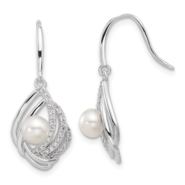 Sterling Silver Cheryl M Rhod-plated CZ & FWC Pearl Dangle Earrings
