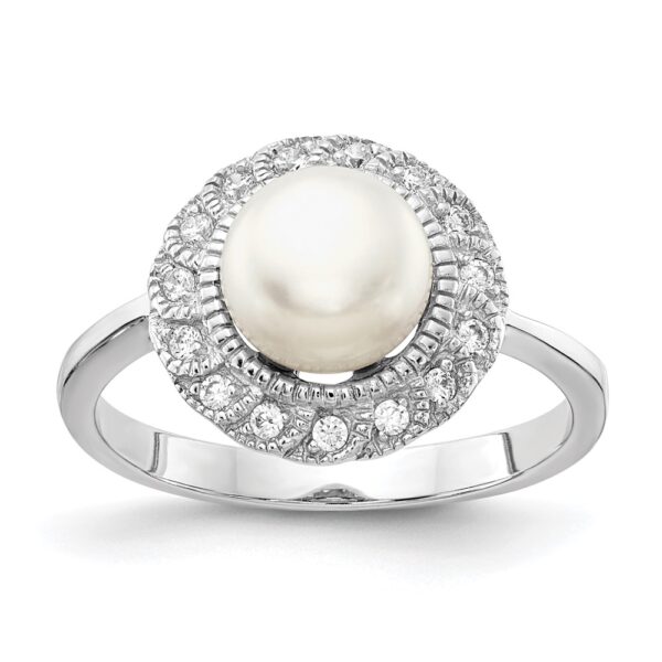 Sterling Silver Cheryl M Rhodium-plated CZ & FWC Pearl Ring