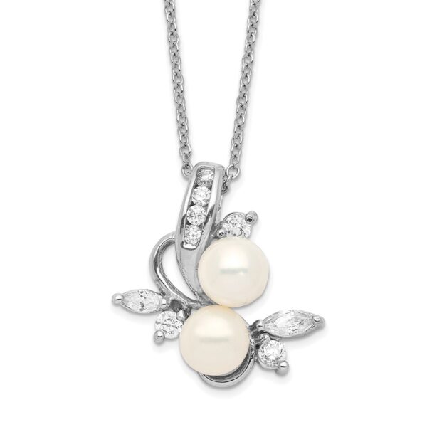 Sterling Silver Cheryl M Rhod-plated CZ & FWC Pearl Leaves Necklace