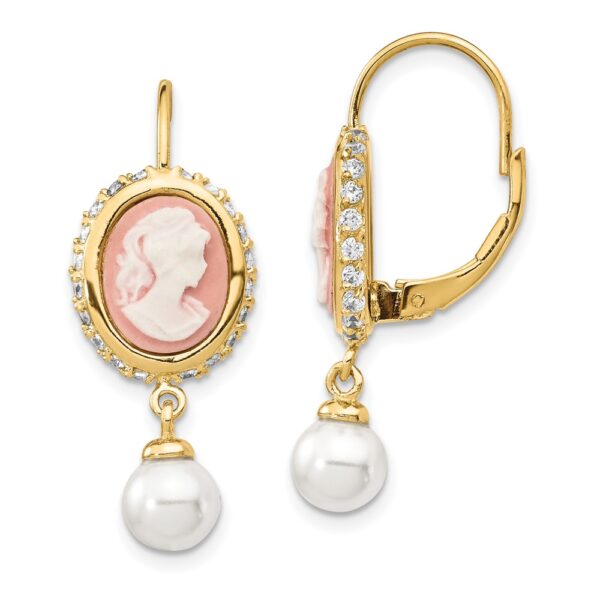 SS Cheryl M Gold-plated Sim. Pearl Resin CZ Cameo Leverback Earrings