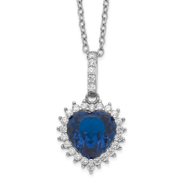 Sterling Silver Cheryl M Rh-pl Lab Cr. Blue Spinel & CZ Heart Necklace