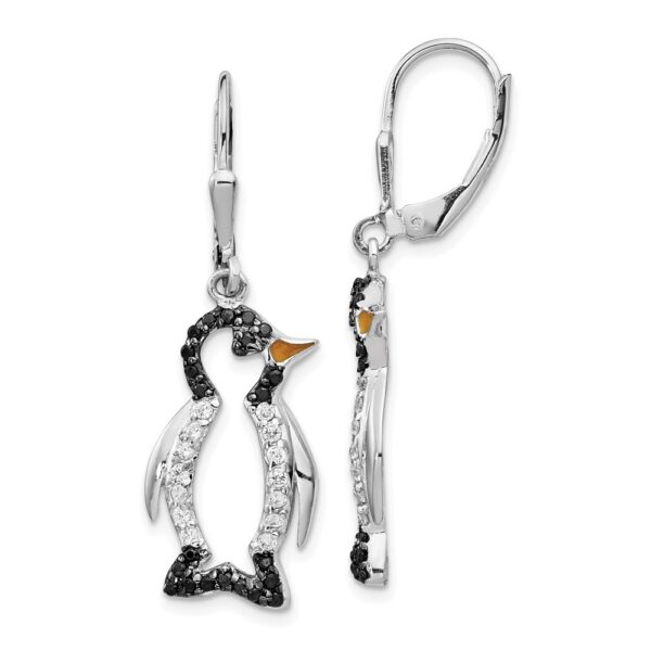 SS Cheryl M Rh-pltd Enamel Black & White CZ Penguin Dangle Earrings