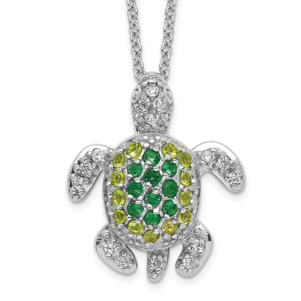 Sterling Silver Cheryl M Rhod-pltd Green Glass & CZ Turtle Necklace
