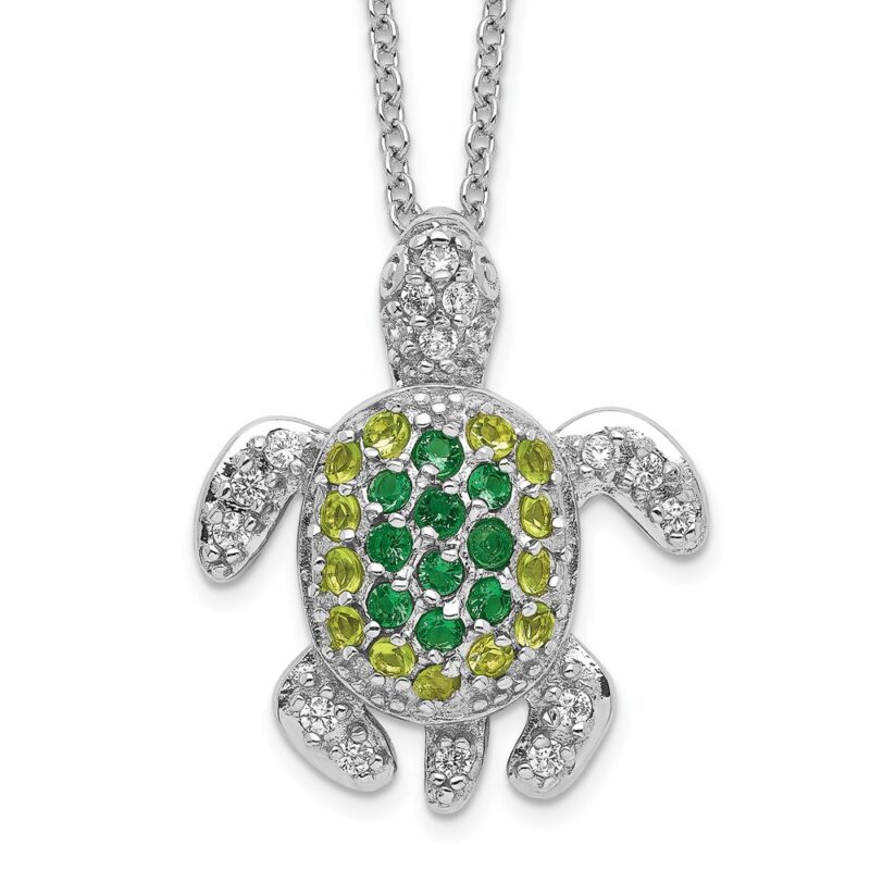 Sterling Silver Cheryl M Rhod-pltd Green Glass & CZ Turtle Necklace