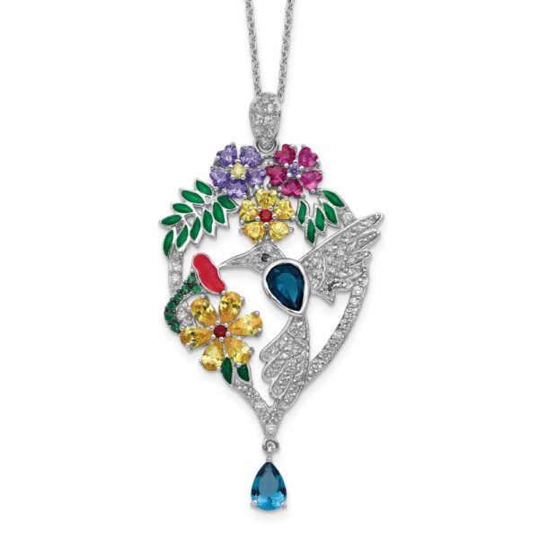 Sterling Silver Cheryl M Rhod-pl Enamel Glass and CZ Floral Necklace
