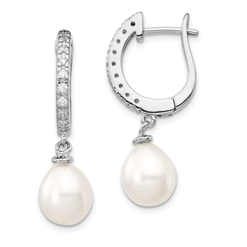 SS Cheryl M Rhod-plated CZ & FWC Pearl Leverback Dangle Earrings