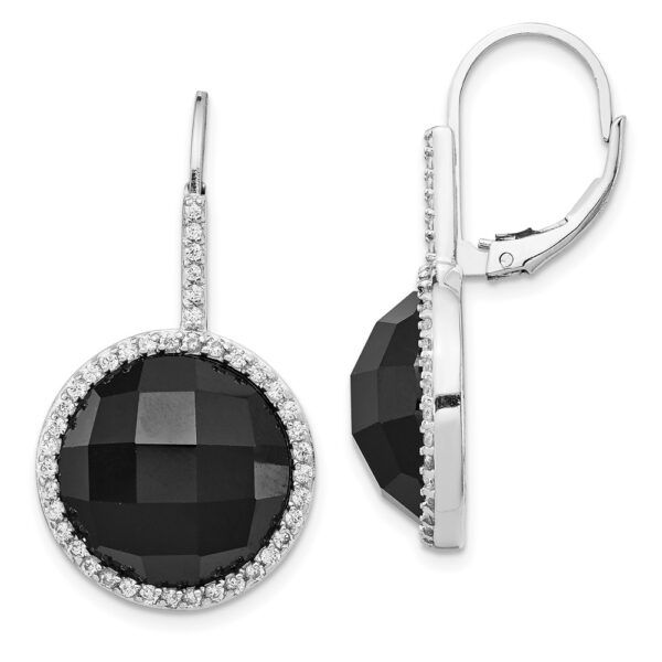 Sterling Silver Cheryl M Rh-p CZ & Onyx Round Halo Leverback Earrings