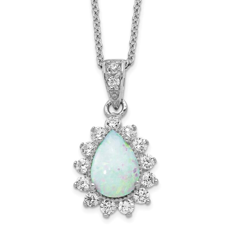 Sterling Silver Cheryl M Rhod-pltd CZ Created Opal Teardrop Necklace