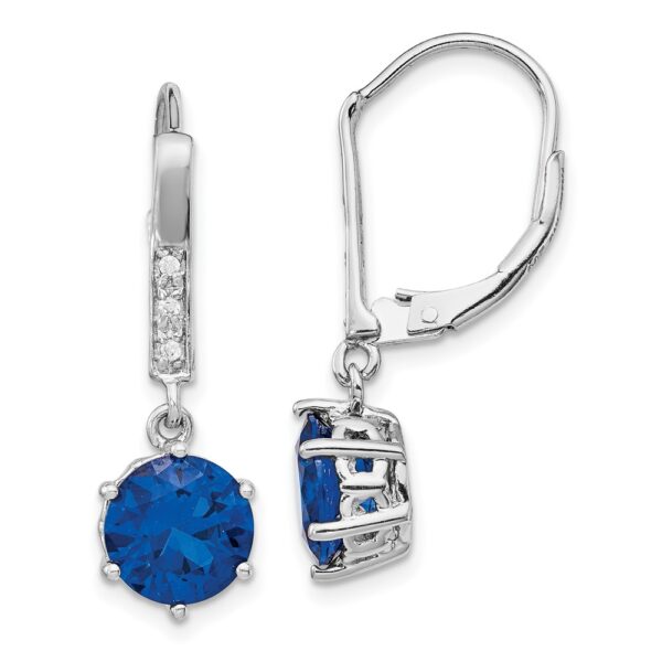 SS Cheryl M Rhod-pl CZ Lab Cr. Blue Spinel Leverback Dangle Earrings