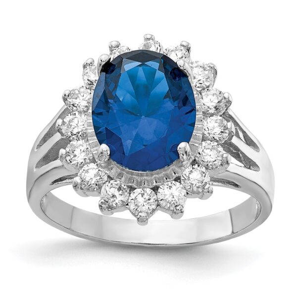Sterling Silver Cheryl M Rhod-pltd Cr Blue Spinel & CZ Oval Halo Ring