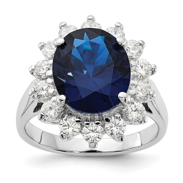 Sterling Silver Cheryl M Rhod-pltd Cr Blue Spinel & CZ Oval Halo Ring