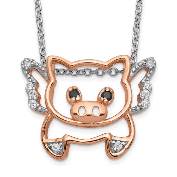 SS Cheryl M Rose Gold-plated Black Glass & CZ Flying Pig Necklace