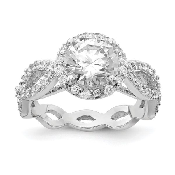 SS Cheryl M Rhodium-plated Twisted Design Round CZ Halo Ring