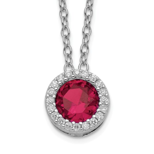 Sterling Silver Cheryl M Rhod-pltd Cr. Ruby & CZ Round Halo Necklace