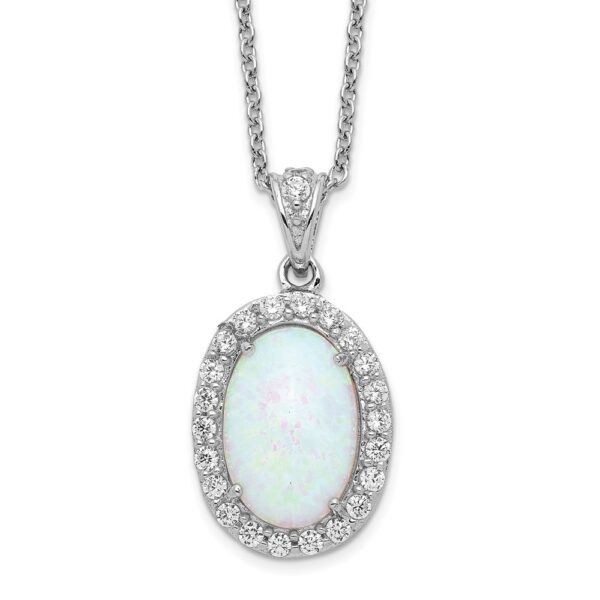 Sterling Silver Cheryl M Rhod-plated Lab Cr. Opal & CZ Oval Necklace