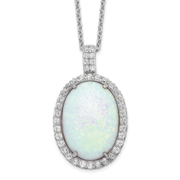 Sterling Silver Cheryl M Rhod-pltd Cr. Opal & CZ Oval Halo Necklace