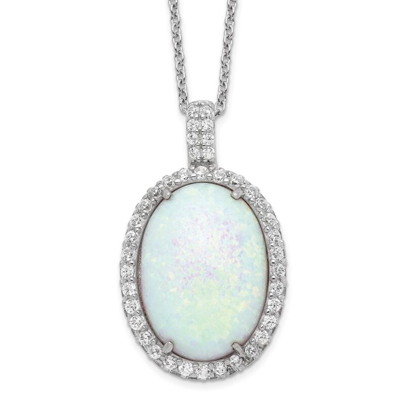 Sterling Silver Cheryl M Rhod-pltd Cr. Opal & CZ Oval Halo Necklace