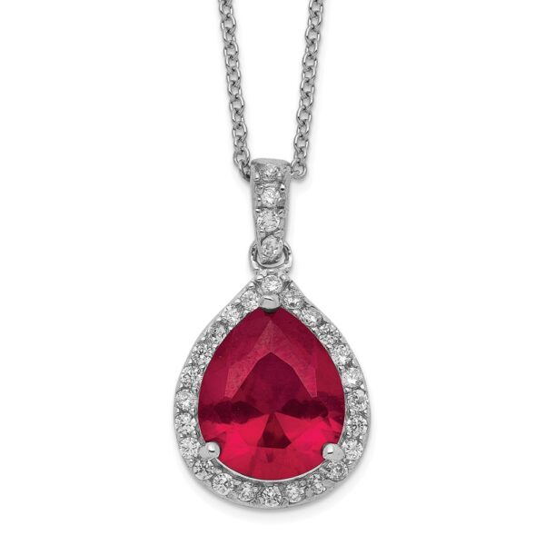 Sterling Silver Cheryl M Rhod-pltd Cr. Ruby & CZ Teardrop Necklace