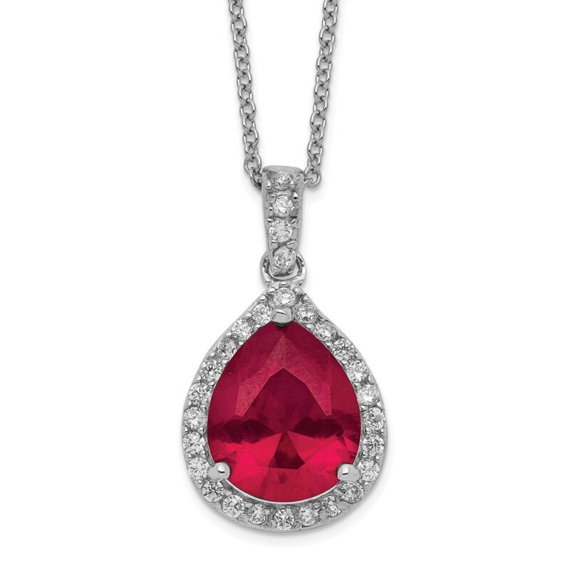 Sterling Silver Cheryl M Rhod-pltd Cr. Ruby & CZ Teardrop Necklace