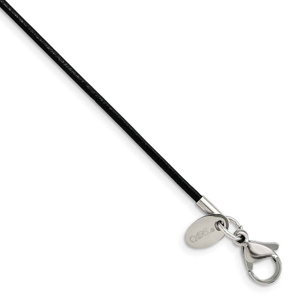 Stainless Steel Black Leather 1.5mm Cord 20in Necklace