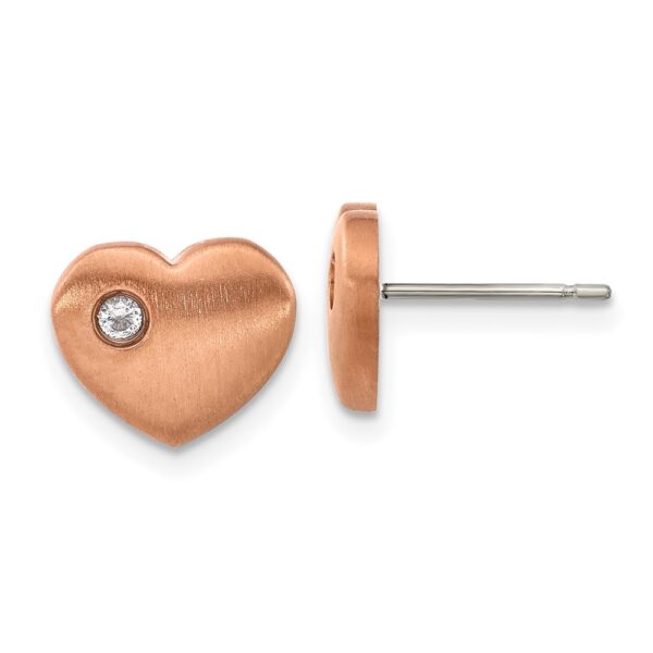 Titanium Brushed Rose IP-plated with CZ Heart Post Earrings