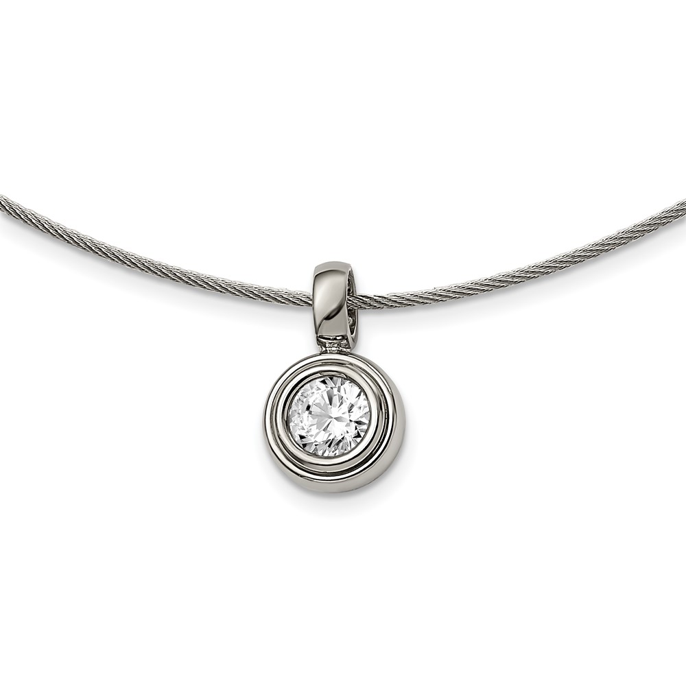 Titanium CZ Pendant w/Polished Stainless Steel Wire 17in Necklace