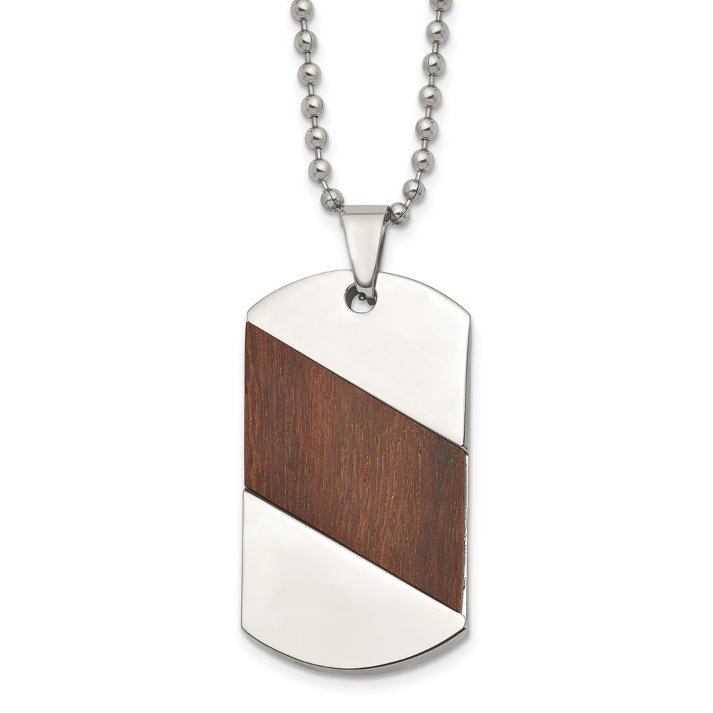 Titanium Polished with Rosewood Inlay Dog Tag 22in Necklace