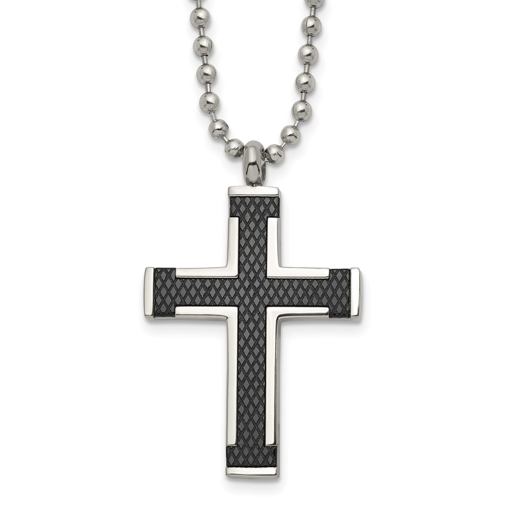 Titanium Polished Black IP-plated Laser Cut Cross 22in Necklace