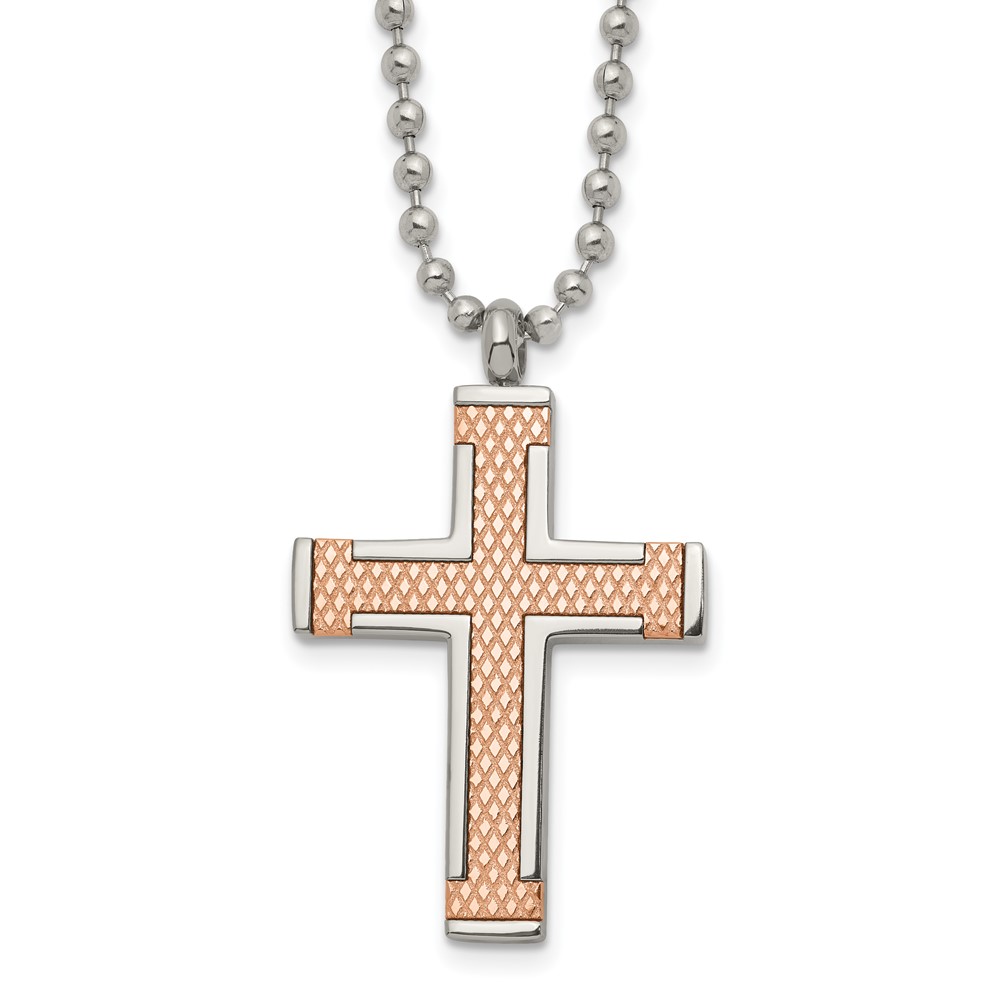 Titanium Polished Rose IP-plated Laser Cut Cross 22in Necklace
